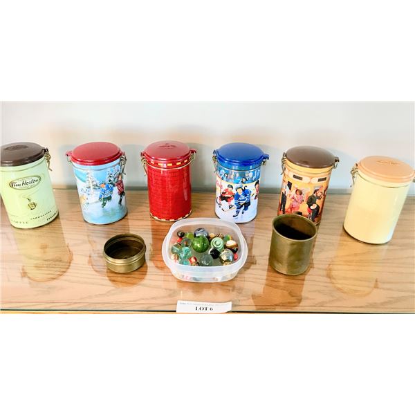 6 Collectible Tim Horton's Coffee Tins, Brass Container w Lid & Asst Marbles