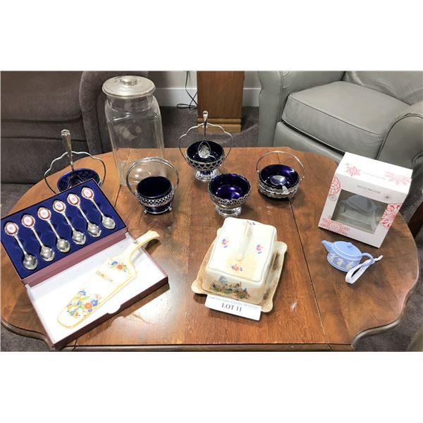 Vintage Butter Dish w Lid, Wedgewood Teapot Ornament, 4 Cobalt Blue Dishes, Ceramic Pie Server, & Si