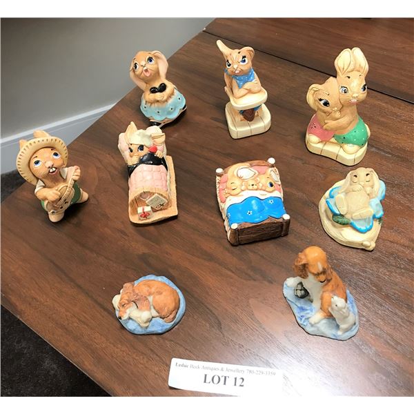 7 Pendelfin Bunny Figures & 2 Richard Cooper & Co Stratford-Upon Avon Puppy Figurines
