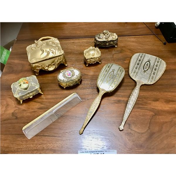 Various decorative Boxes including Art Nouveau Design, Mirror/Comb/Brush Set