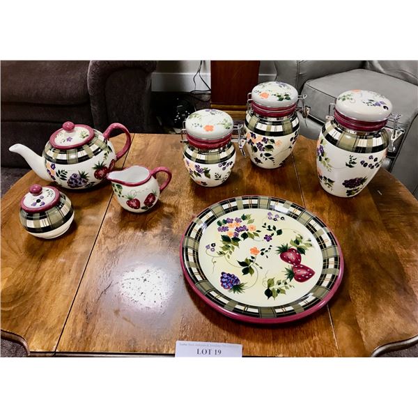 Floral Teapot, Plate, Cream & Sugar Dishes & 3 Kitchen Canisters