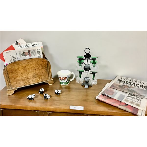 1936 Pictoral Review Magazine, McCall's Dec 1934-1935 Magazine, Vintage Wood Magazine Rack & 4 Panda