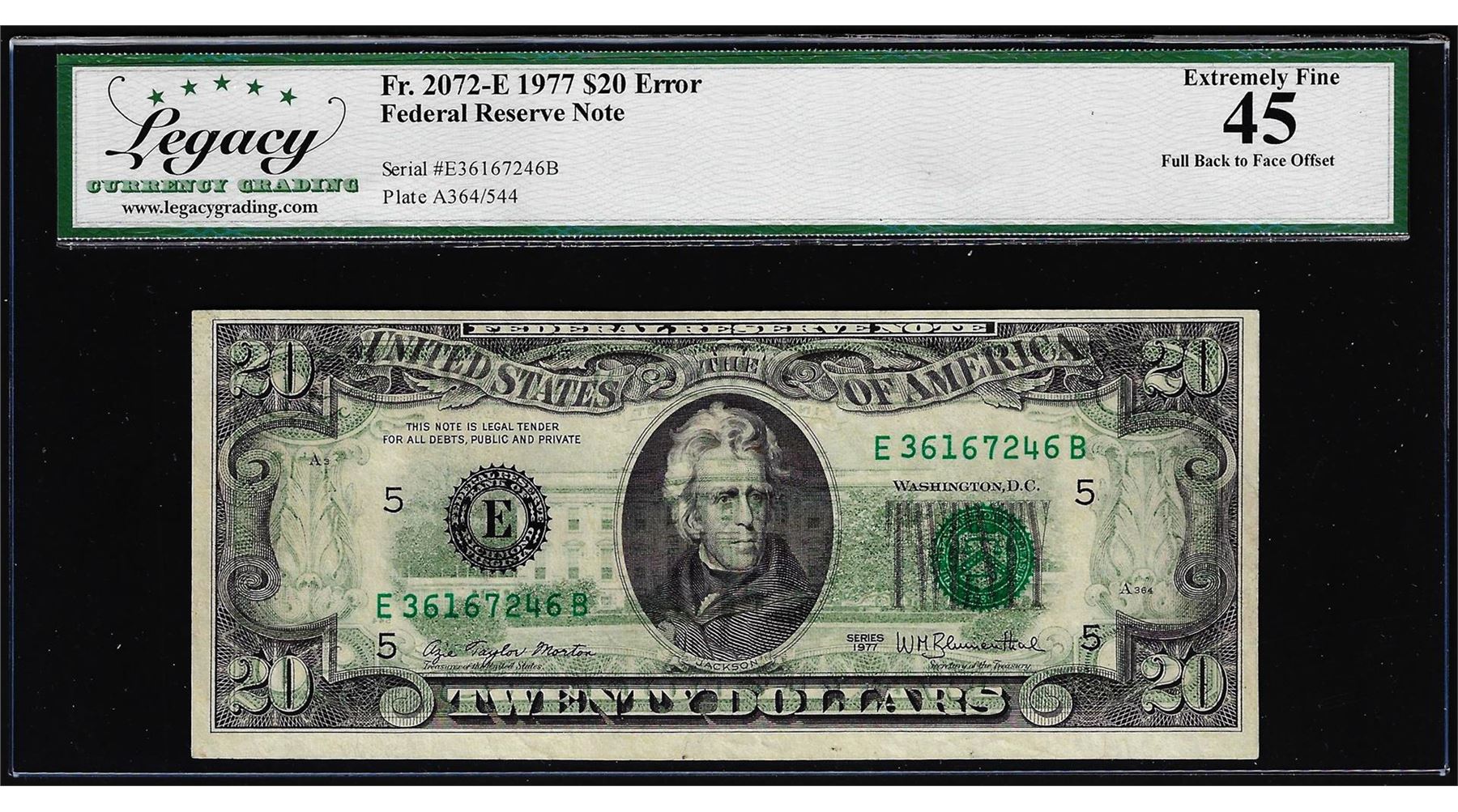 Off Set Error Banknote 1977 $20 Federal Reserve Note Full Back to Face Offset Error Legacy ...