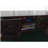 Image 2 : BROWN CABINET AND CONTENTS INCLUDING BOARD GAMES, SCARVES, GLOVES, TOQUES ETC