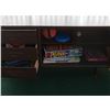Image 8 : BROWN CABINET AND CONTENTS INCLUDING BOARD GAMES, SCARVES, GLOVES, TOQUES ETC