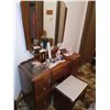 Image 11 : DOUBLE BED, VANITY w/ MIRROR & CONTENTS; SM. BOOKSHELF; CLOSET CONTENTS, CHAIR, SOME JEWELRY; BLANKE