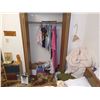 Image 2 : DOUBLE BED, VANITY w/ MIRROR & CONTENTS; SM. BOOKSHELF; CLOSET CONTENTS, CHAIR, SOME JEWELRY; BLANKE