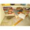 Image 2 : CUPBOARD w/ SOME BOOKS; SALT & PEPPER SHAKERS; BABY SHOES; STOOL, OLD LIGHT IN BOX. (SEE IMAGES)