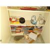 Image 3 : CUPBOARD w/ SOME BOOKS; SALT & PEPPER SHAKERS; BABY SHOES; STOOL, OLD LIGHT IN BOX. (SEE IMAGES)