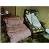 Image 1 : ORANGE AND METAL CHAIR, LEATHER TWEED RECLINER, HUTTERITE QUILT (APPROX QUEEN SIZE) TWO PILLOWS, TWO