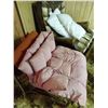 Image 2 : ORANGE AND METAL CHAIR, LEATHER TWEED RECLINER, HUTTERITE QUILT (APPROX QUEEN SIZE) TWO PILLOWS, TWO