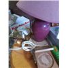 Image 3 : SIDE TABLE WITH LAMPS COASTERS AND MISC, COFFEE TABLE, FAN, SMALL SHELF