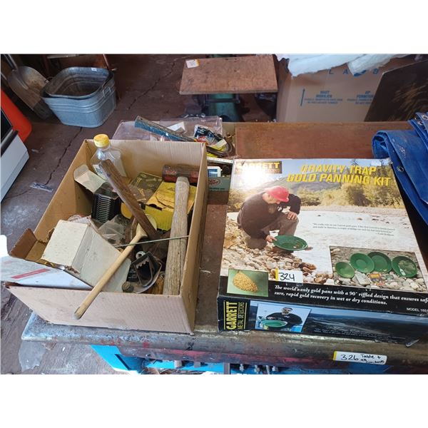 BOX OF VARIOUS TOOLS AND GOLD PANNING KIT