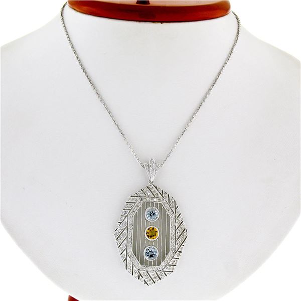 18k White Gold 2.15 ctw Aquamarine, Citrine, & Diamond Open Milgrain Pendant Nec