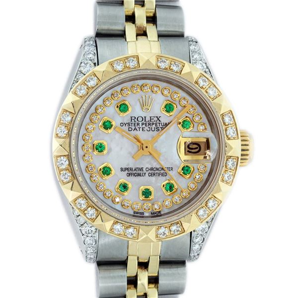 Rolex Ladies 2 Tone MOP Emerald & Pyramid Diamond Datejust Wristwatch