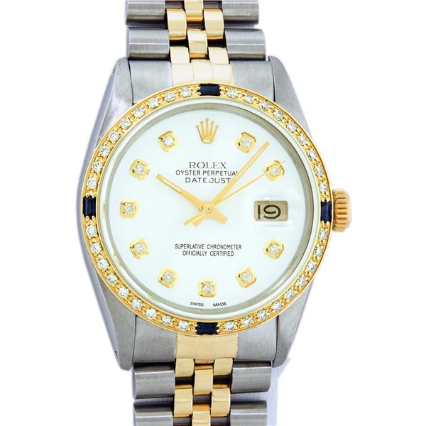 Rolex Mens 2 Tone White Diamond & Sapphire 36 Datejust Wristwatch