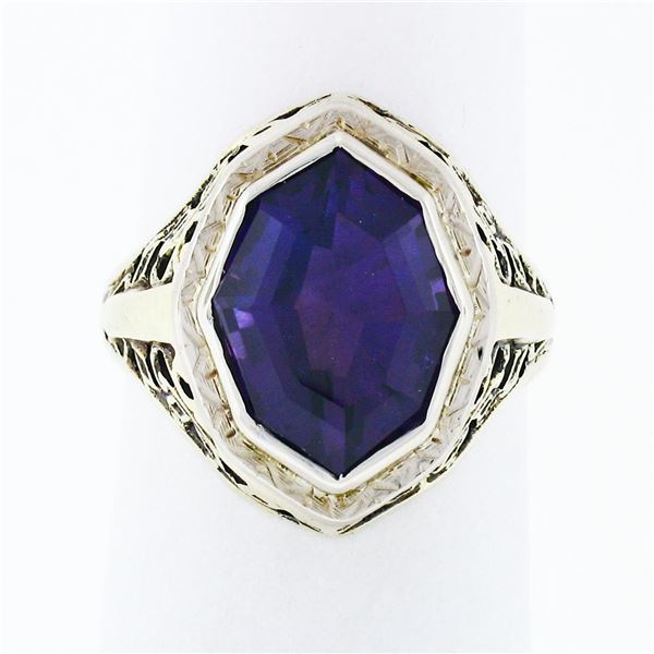 Antique Art Deco 14k Gold Custom Marquise Cut Bezel Set Amethyst Solitaire Ring