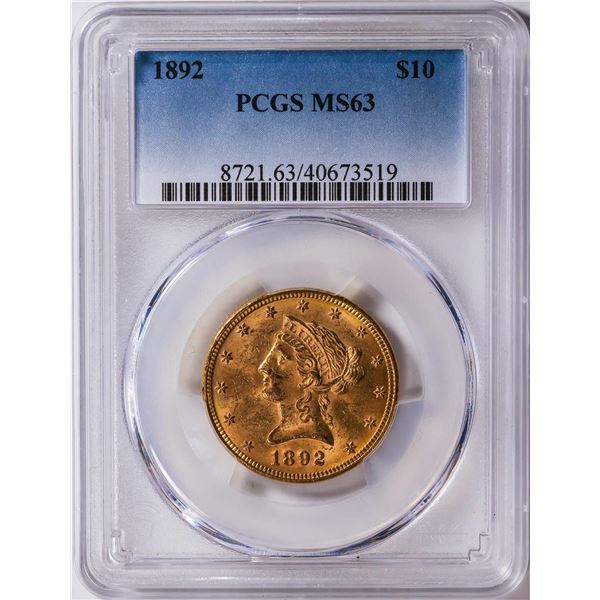 1892 $10 Liberty Head Eagle Gold Coin PCGS MS63