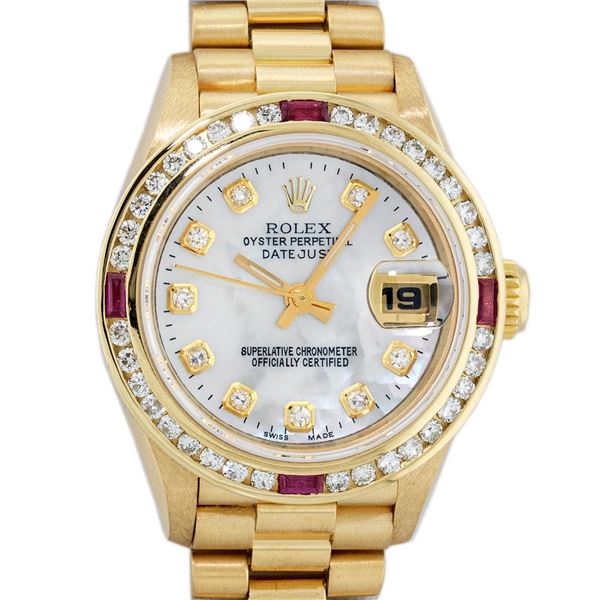 Rolex Ladies 18K Yellow Gold MOP Diamond & Ruby President Wristwatch