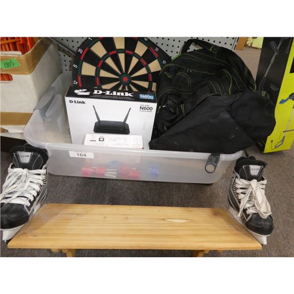 DLink router, dart board, backpack, skate shelf