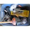 Image 2 : BLUE TUB W/HARDHAT, DRYWALL TOOL, PAINTBRUSHES, CAULKING GUN, ETC.