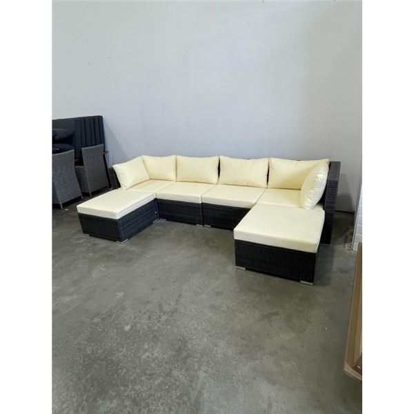 AS NEW FLOOR MODEL OUTDOOR 6 PIECE MODULAR SECTIONAL W/ BEIGE CUSHIONS  - RETAIL $1699  60" x 120"