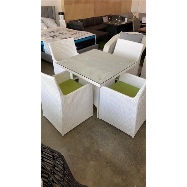 AS NEW FLOOR MODEL WHITE 5 PIECE OUTDOOR DINING TABLE W/ TEMPERED GLASS TOP, FULLY ASSEMABLED ALUMIN