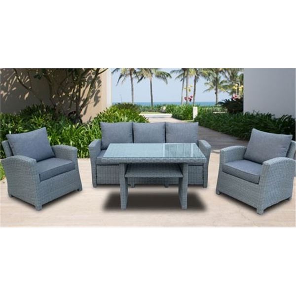 NEW SEYCHELLE 4 PIECE WICKER PATIO CONVERSATION SET GREY/TAUPE, RETAIL $999