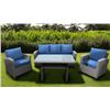 Image 1 : AS NEW SEYCHELLE 4 PIECE WICKER PATIO CONVERSATION SET NATURAL/BLUE - NO GLASS FOR TABLE, RETAIL $99