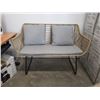 Image 2 : AS NEW FLOOR MODEL RATTAN LOVE SEAT AND COFFEE TABLE W/ GREY CUSIONS - RETAIL $399