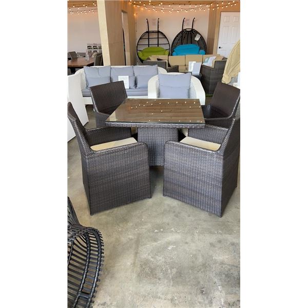 AS NEW FLOOR MODEL BROWN 5 PIECE OUTDOOR DINING TABLE W/ TEMPERED GLASS TOP, FULLY ASSEMABLED ALUMIN