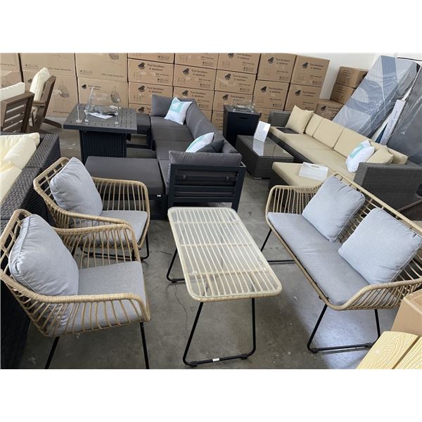 AS NEW FLOOR MODEL 4 PIECE RATTAN CONVERSATION SET W/ GREY CUSIONS - RETAIL $899