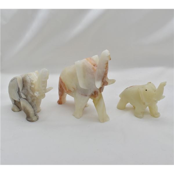 3 Carved Alabaster Onyx Elephants