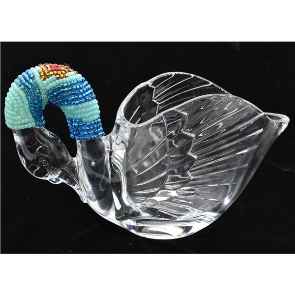 Hand Beaded  Glass Swan Bowl by Kills Thunder