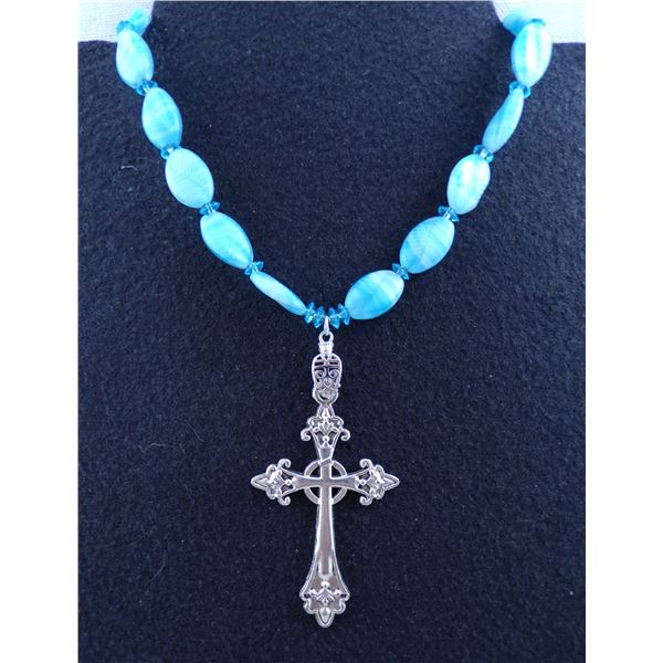 Blue Venetian Leaf Bead Choke Filigree Cross
