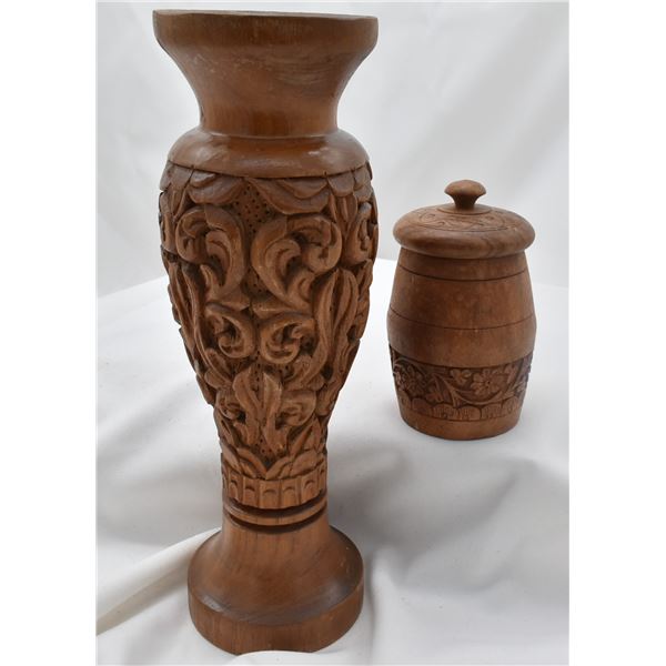 Carved Wood Candleholder & Lidded Wood Jar