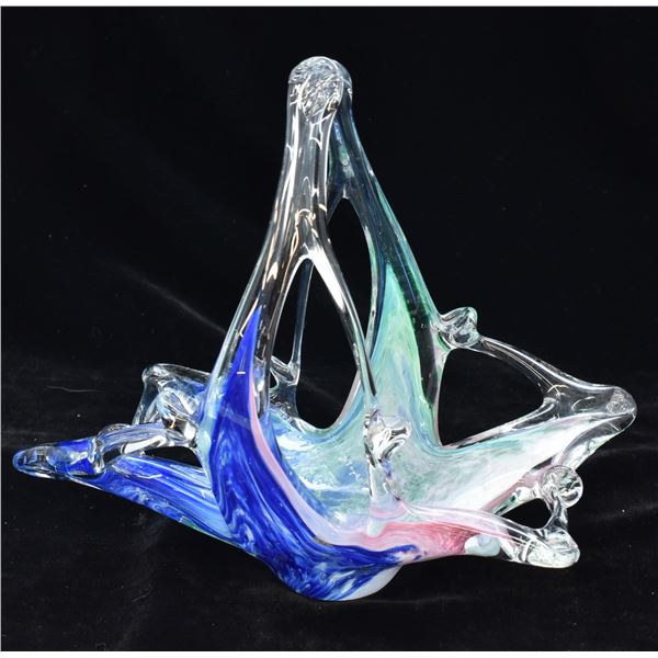 Art Glass Blue and Green Handled Crystal Dish