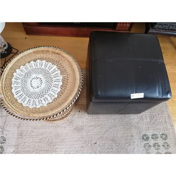 Wicker Glass Top Table and Leather-Style Storage Ottoman