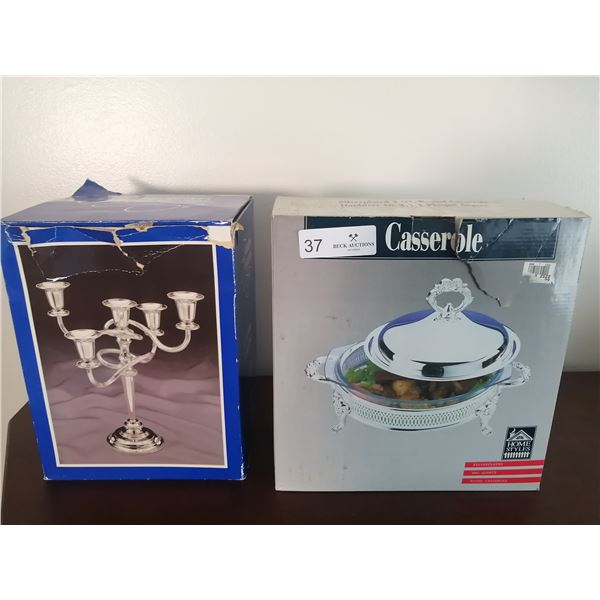 Silverplate 2-Quart Round Casserole Dish and Silverplate Candelabra (Both Brand New)