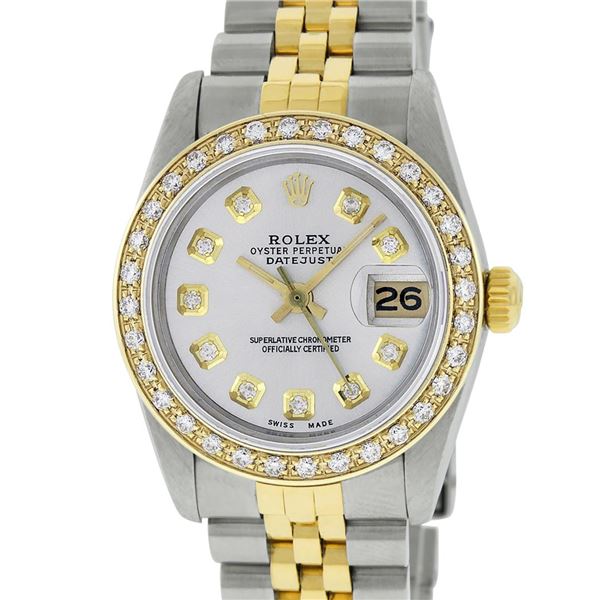 Rolex Womens MIdsize 31mm 2 Tone Silver Diamond Datejust Wristwatch