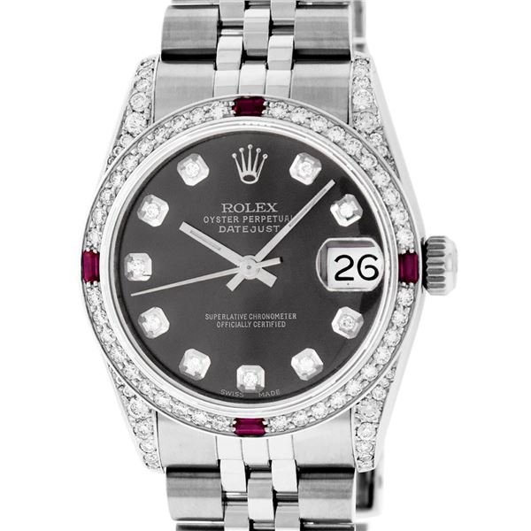Rolex Womens Midsize 31mm Grey Diamond Lugs & Ruby Datejust Wristwatch