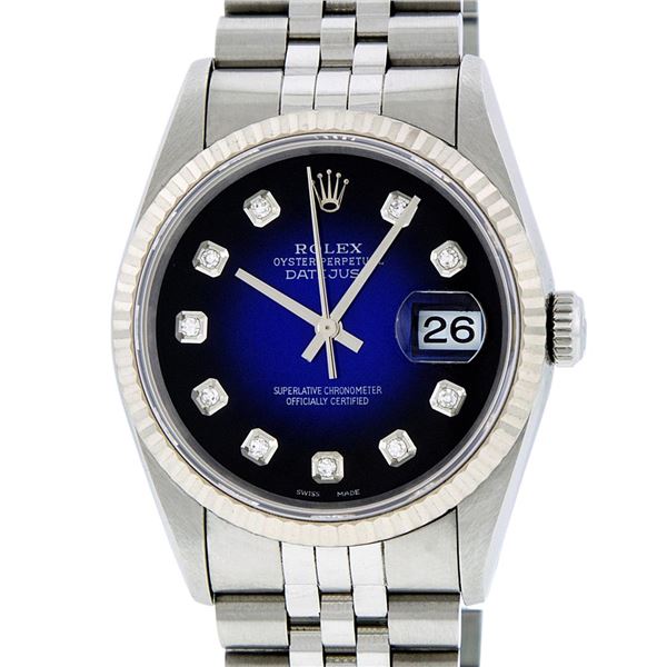 Rolex Mens Stainless Steel Blue Vignette Diamond 36MM Datejust Wristwatch