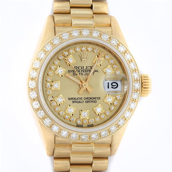 Rolex Ladies 18K Yellow Champagne String Diamond President Wristwatch