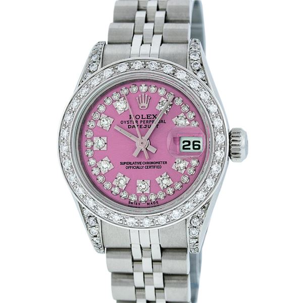 Rolex Ladies Stainless Steel Quickset Pink String Diamond Datejust Wristwatch