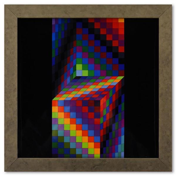 Victor Vasarely (1908-1997), "Axo - 77 de la série Hommage A L'Hexagone" Framed 1971 Heliogravure Pr