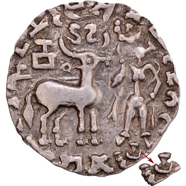 Silver Drachma Coin of Amoghbuti of Kuninda Dynasty with goddess standing on a flower bed.
