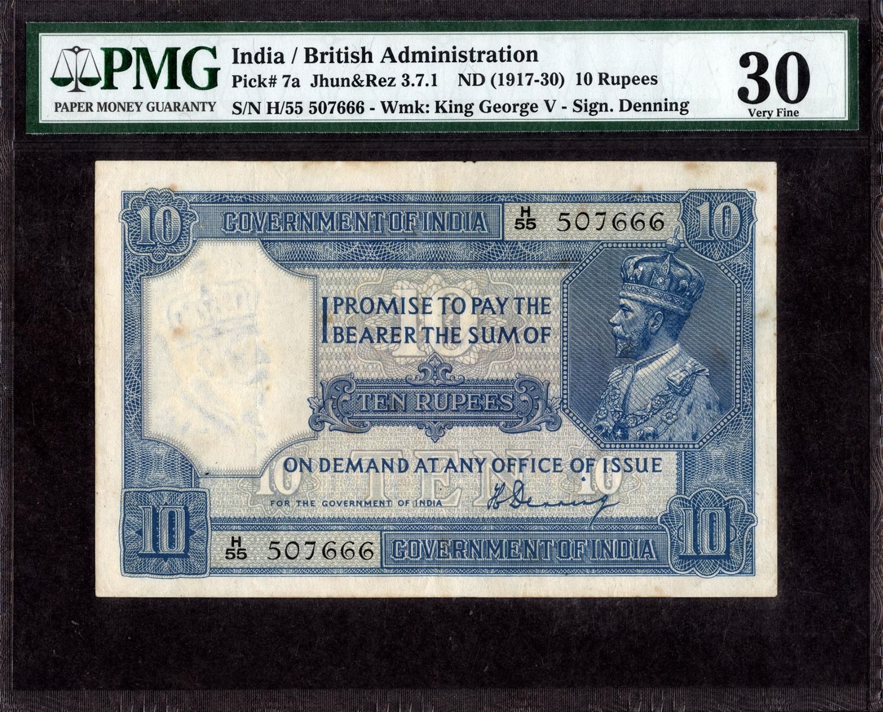 PMG Graded 30 Very Fine Ten Rupees Banknote of King George V Signed by ...