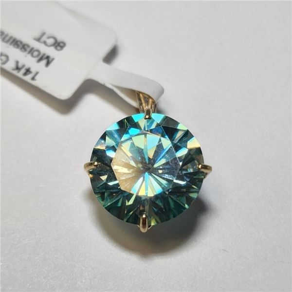 14K Yellow Gold Greenish Blue Moissanite(8ct) Pendant (~weight 1.66g), Made in Canada, Appraised Ret
