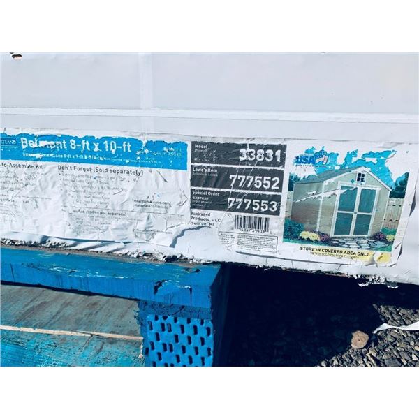 NEW in crate Belmont 8ft x 10 ft garden shed, weathered package was stored outside but unopened, as 