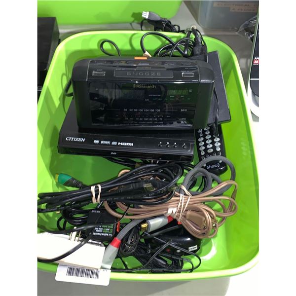 Tote of assorted cords, clock & DVD  player
